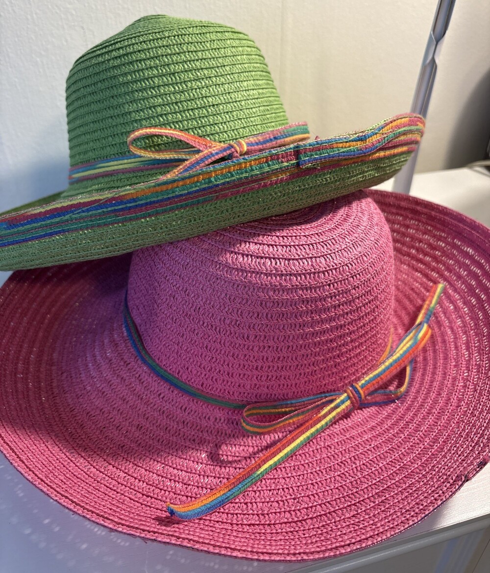 2 Panama Jack Kettle Brim Hat Multicolor Trim Braid 5" Wide Green And Pink Set